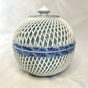 Japanese Arita White & Blue Double Wall Lattice Antique Trinket Box Bowl